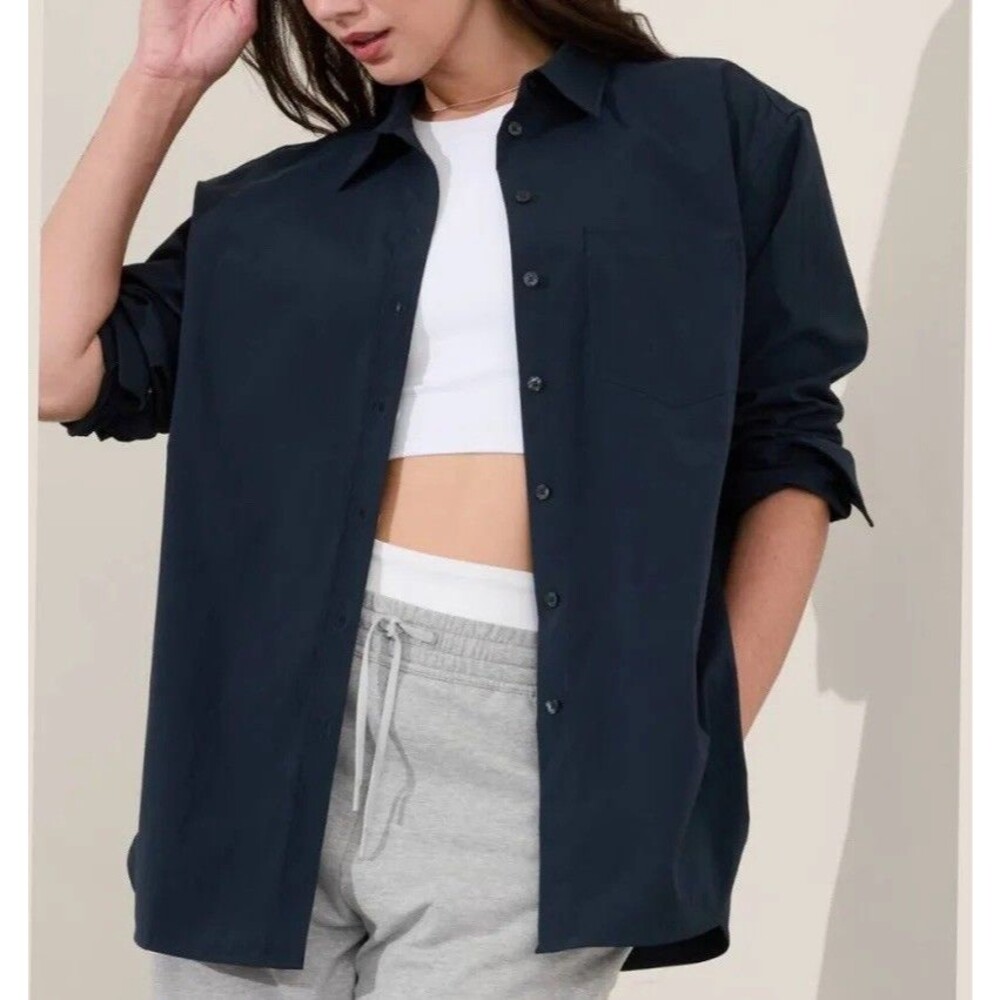 NWT Athleta Midday Relaxed Shirt Womens Sz XL Navy Button Up Long Sleeve 40+ UVP
